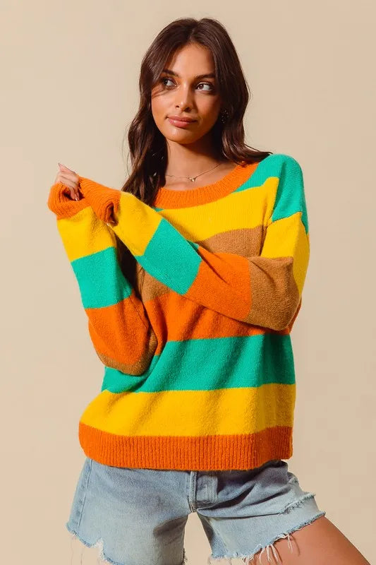 SO ME Multi Color Stripe Sweater with Ribbed Detail West2East Surf