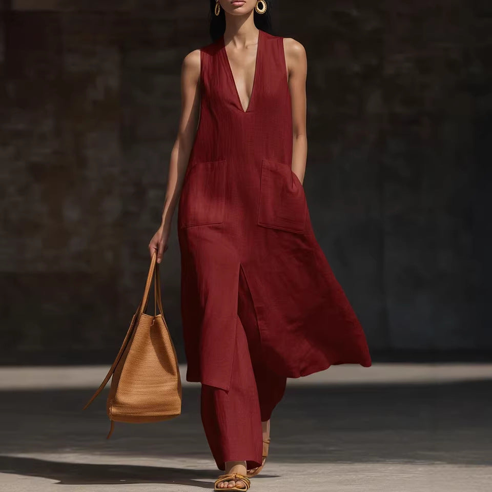 Women's V-Neck Sleeveless Linen Dress Set – Casual Chic FitiqueFit