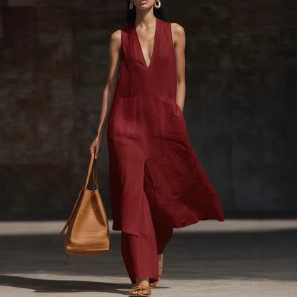 Women's V-Neck Sleeveless Linen Dress Set – Casual Chic FitiqueFit
