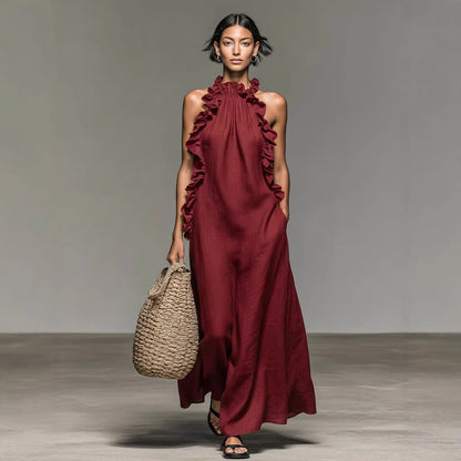 Women's Resort Ruffled Halterneck Sleeveless Open-Back Maxi Dress FitiqueFit