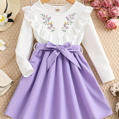 Girls' Elegant Floral Print Long Sleeve Dress with Ruffled Hem & Waist Tie - Knee-Length A-Line Skirt, Round Neck, Non-Stretch Fabric, All-Season Casual to Formal Outfits NovaCart