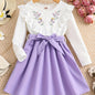 Girls' Elegant Floral Print Long Sleeve Dress with Ruffled Hem & Waist Tie - Knee-Length A-Line Skirt, Round Neck, Non-Stretch Fabric, All-Season Casual to Formal Outfits NovaCart