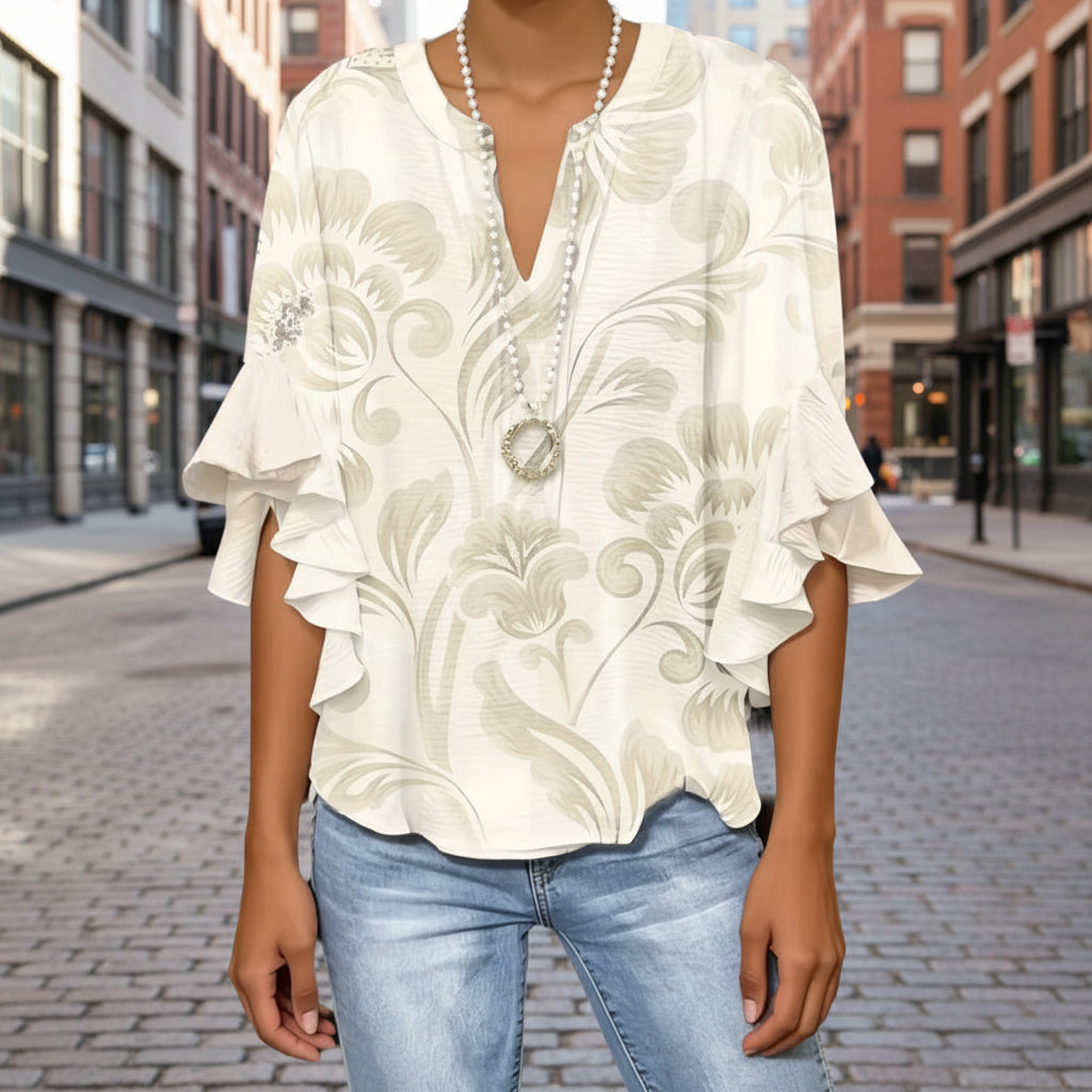 Women's 3D Print Ruffle Sleeve Loose Top – Elegant Urban Style S–2XL FitiqueFit