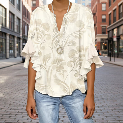 Women's 3D Print Ruffle Sleeve Loose Top – Elegant Urban Style S–2XL FitiqueFit