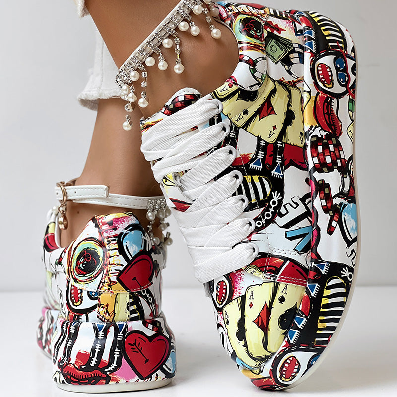 Women's Casual Round Toe Thick Sole Lace-Up Sneakers, Random Print Design, Comfortable Sporty Shoes For Daily Wear See size chart under “more details” The Fashion Celestial