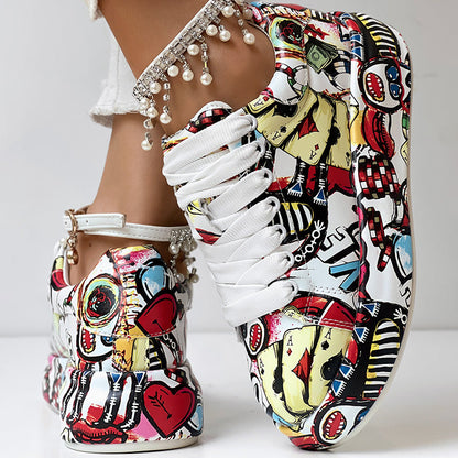 Women's Casual Round Toe Thick Sole Lace-Up Sneakers, Random Print Design, Comfortable Sporty Shoes For Daily Wear See size chart under “more details” The Fashion Celestial