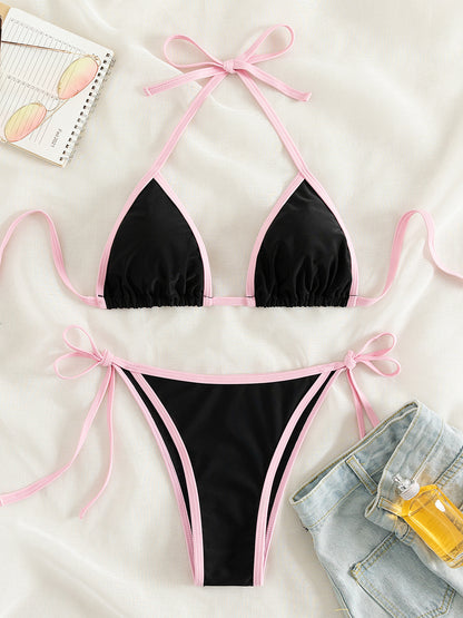 Contrast Trim Tie Side 2 Piece Bikini Swimsuit, Triangle Halter Tie Back Neck Stretchy Beachwear, Cute & Sexy, Women's Swimwear & Clothing NovaCart