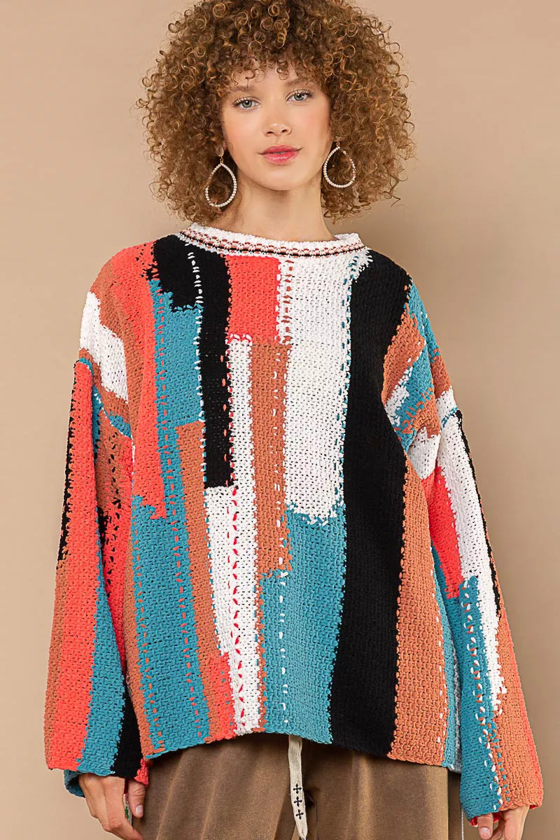 POL Color Block Round Neck Oversized Sweater West2East Surf