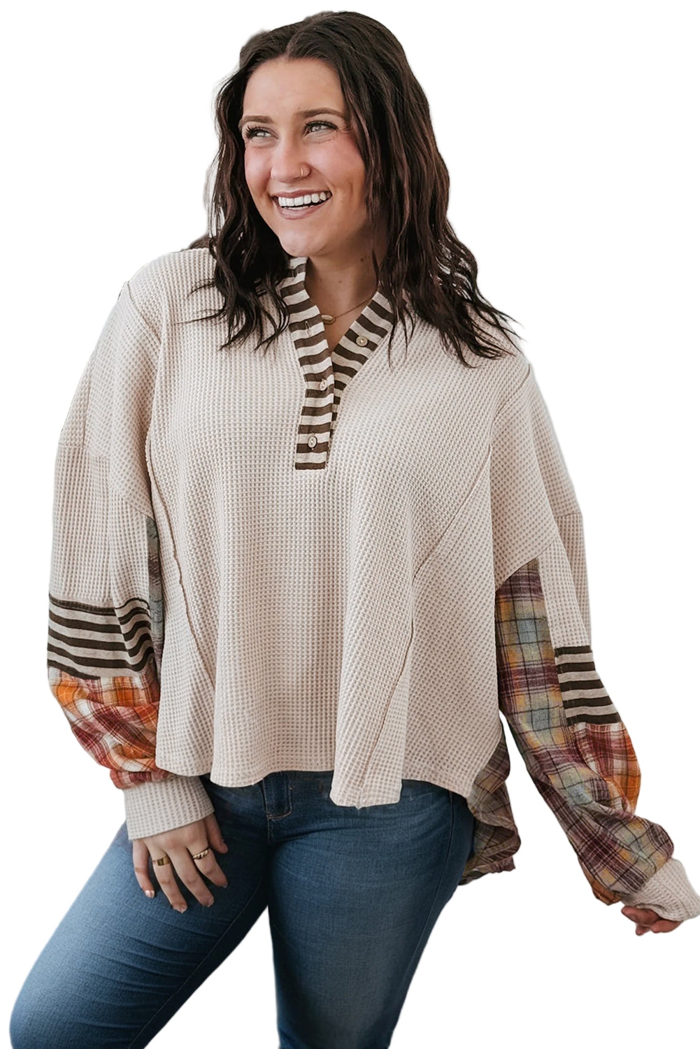 Parchment Plus Size Waffle Striped Plaid Patchwork Henley Pullover Garden Naked Curves