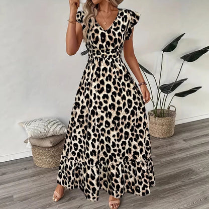Women's V-Neck Floral Print A-Line Midi Dress – High Waist Sleeveless FitiqueFit