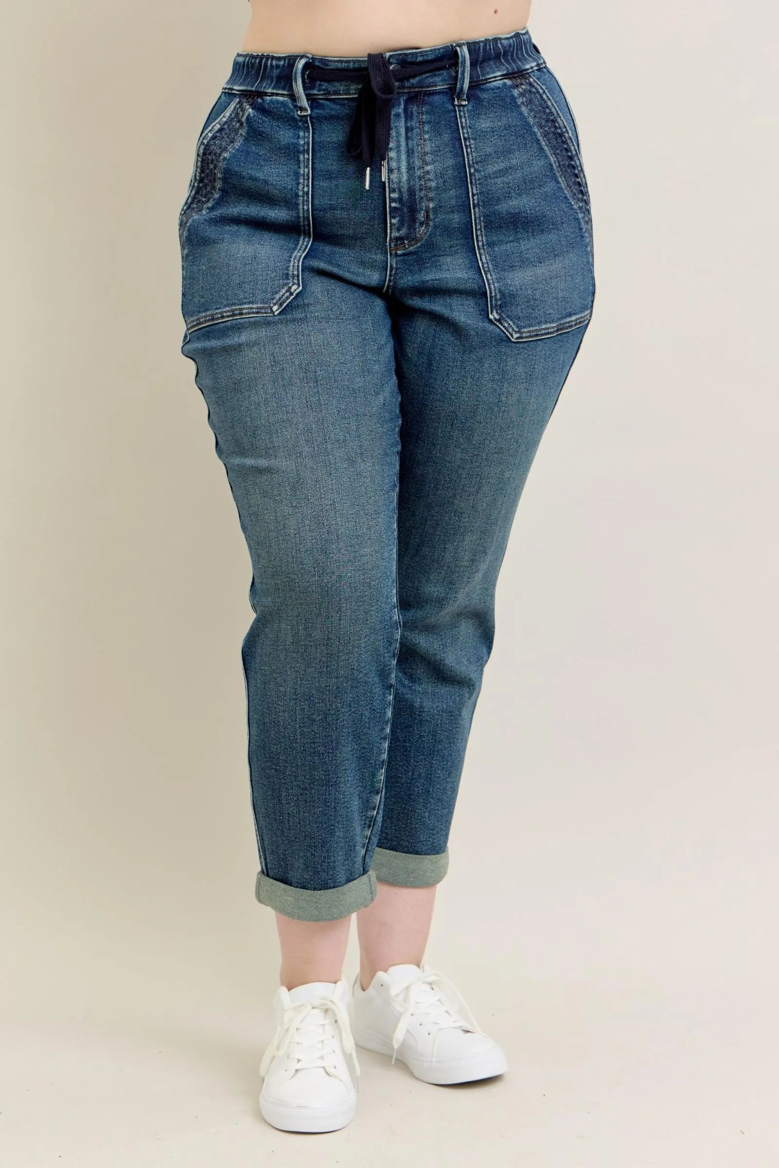 Judy Blue Full Size HW Vintage Wash Jeans w/ Drawstring Plus Size West2East Surf