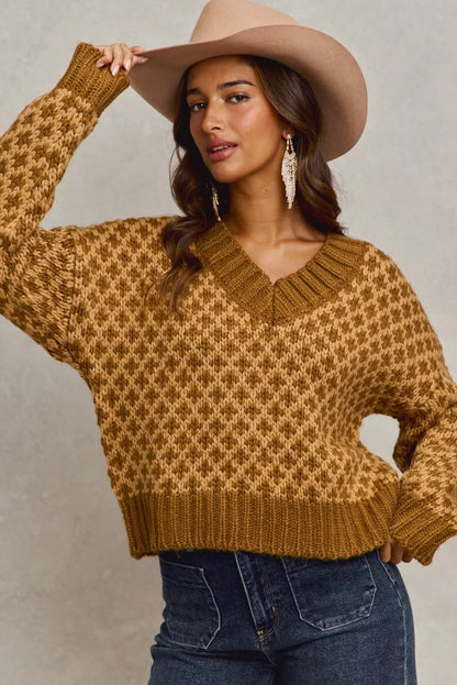 SO ME Color Block Textured Christmas Sweater V Neck Top West2East Surf