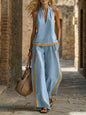 Women’s Contrast Color Sleeveless Vest and Wide-Leg Pants Set FitiqueFit
