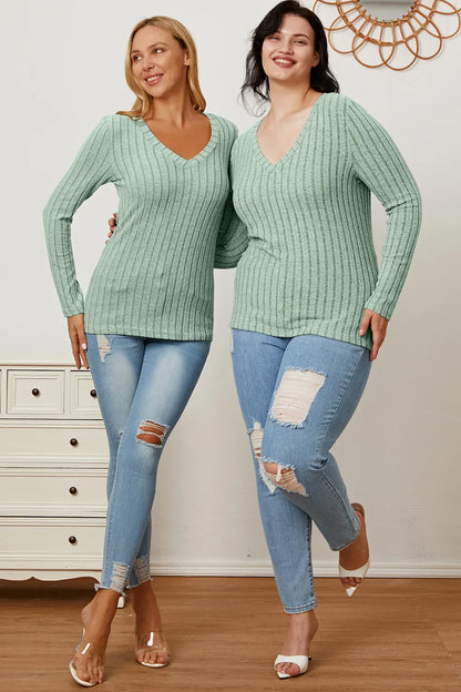 Basic Bae Full Size Ribbed V-Neck Long Sleeve T-Shirt New Era Fashion LLc