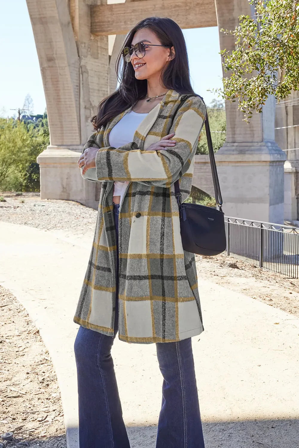 Double Take Full Size Plaid Button Up Lapel Collar Coat West2East Surf