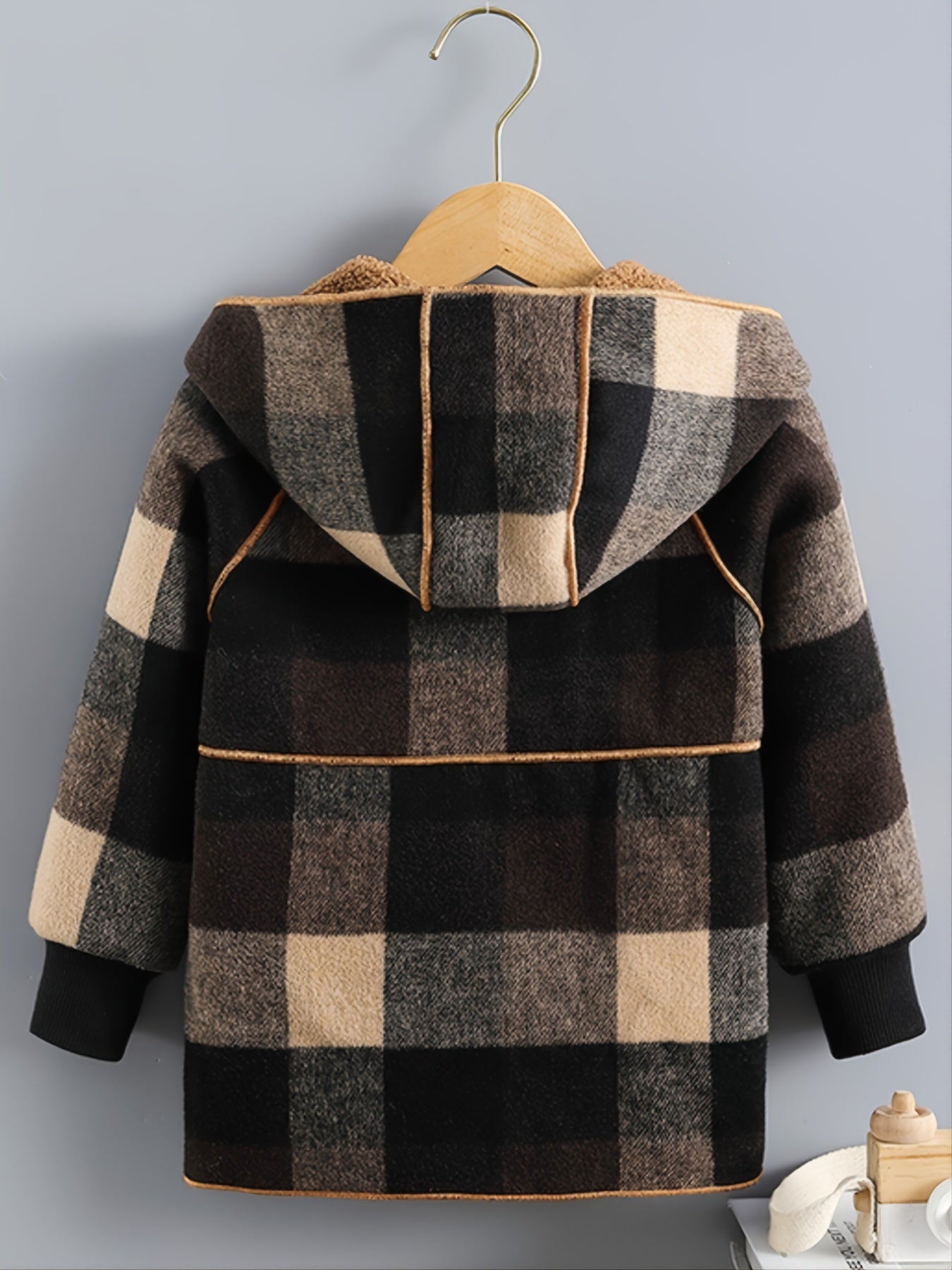 Boys' Long Sleeve Plaid Fleece-Lined Jacket with Button Front & Pockets - Cozy Fall/Winter Warmth, Casual Cardigan Collar, Brown/ Tartan Pattern, Machine Washable For Outdoor Play & Casual Attire, Winter Jacket For Boys, Fall NovaCart