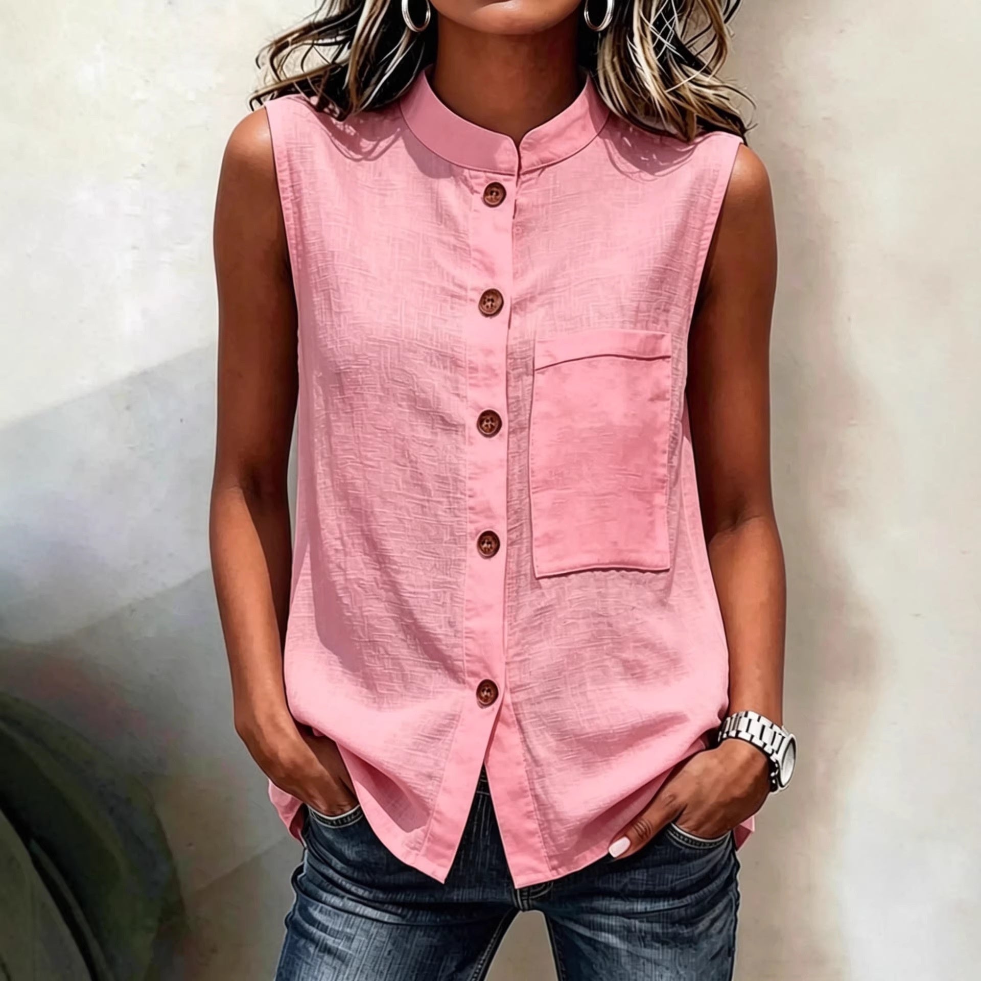 Women's Sleeveless Crop Top with Buttoned Pockets – Solid Color FitiqueFit