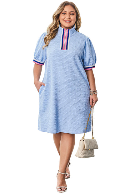 Beau Blue Contrast Striped Trim Zipped Stand Collar Textured Puff Sleeve Plus Size T Shirt Dress Garden Naked Curves