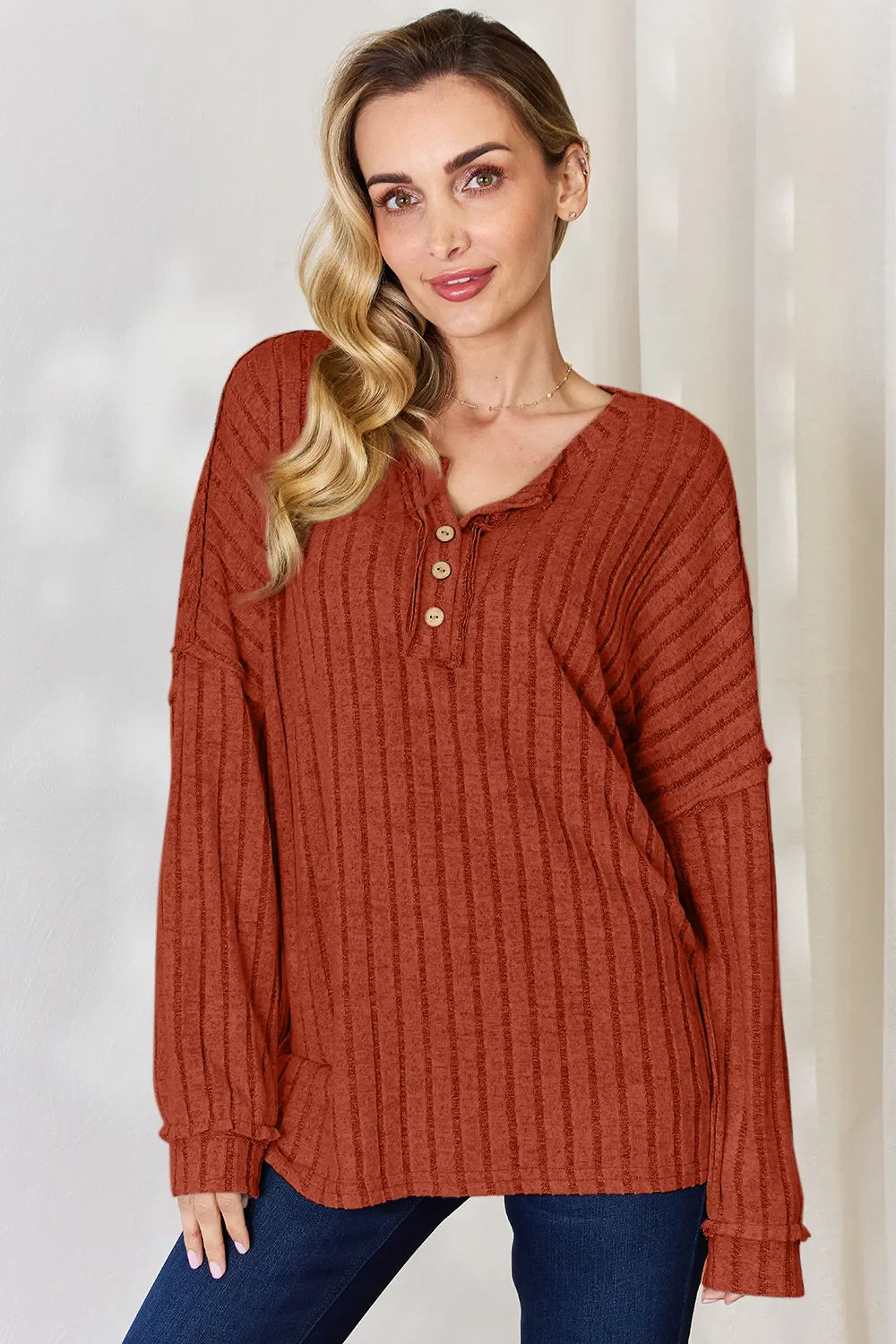 Basic Bae Full Size Ribbed Half Button Long Sleeve T-Shirt New Era Fashion LLc