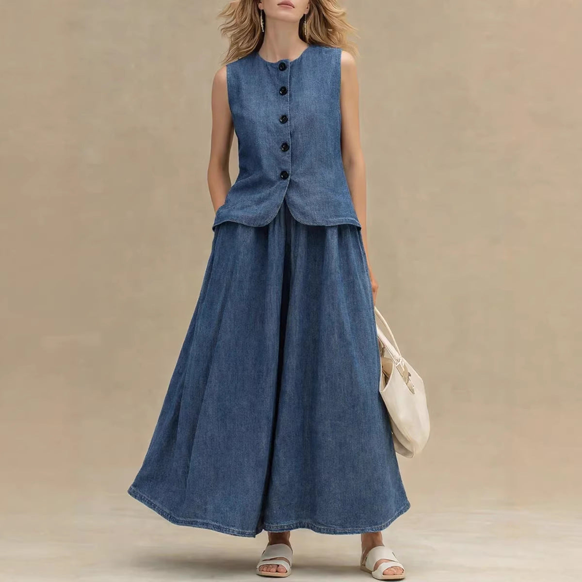 Women's Crew Neck Denim Vest Top & High-Waist A-Line Skirt Set – 3 Colors S–XXL FitiqueFit