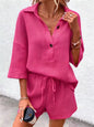 Women's Notch-Lapel Short-Sleeve Top & Belted Shorts Two-Piece Set FitiqueFit