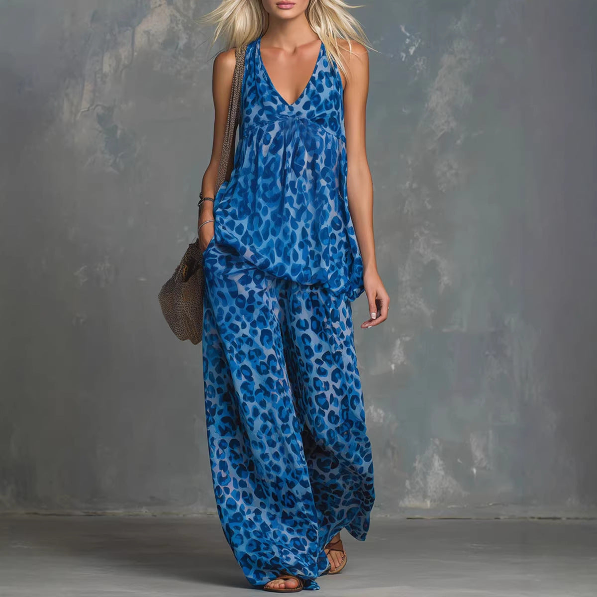 Women’s Leopard Print Sleeveless Top and Chiffon Pants Set FitiqueFit