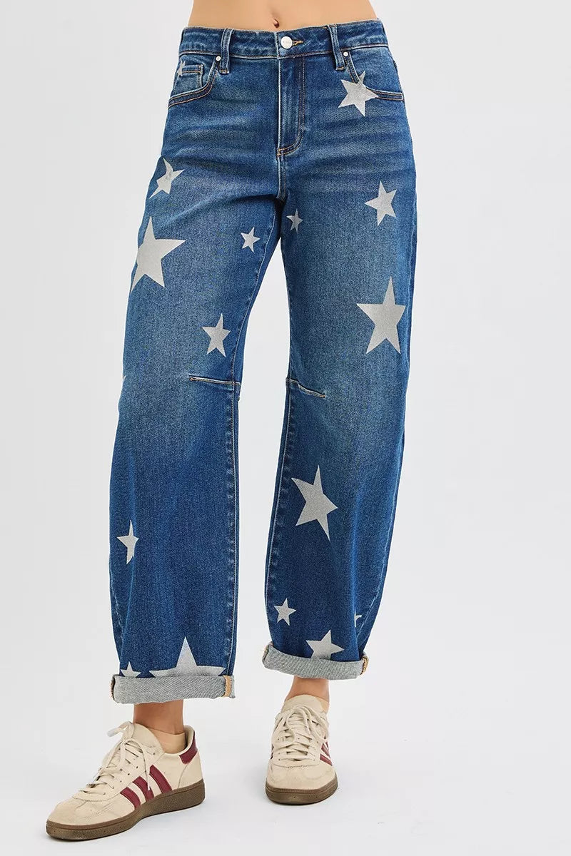 RISEN Mid Rise Ankle Length Relaxed Barrel Star Printed Jeans West2East Surf