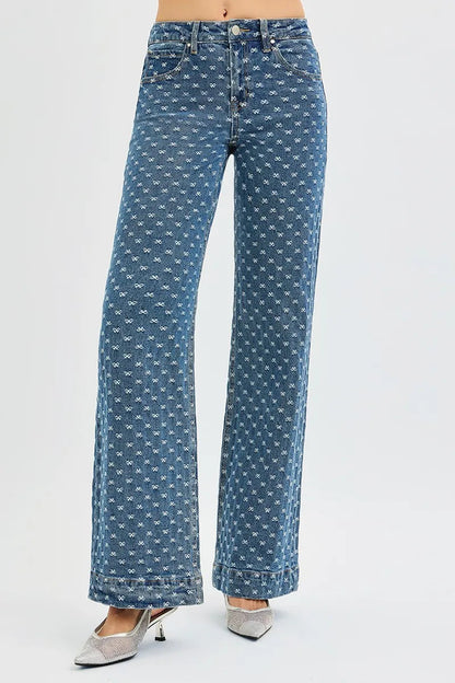 RISEN High Rise Wide Leg Bow Embroidered Jeans West2East Surf