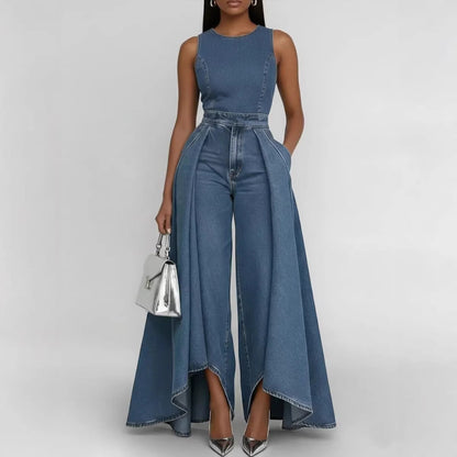 Women’s Crew Neck Sleeveless Wide-Leg Denim Jumpsuit FitiqueFit