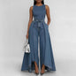 Women’s Crew Neck Sleeveless Wide-Leg Denim Jumpsuit FitiqueFit