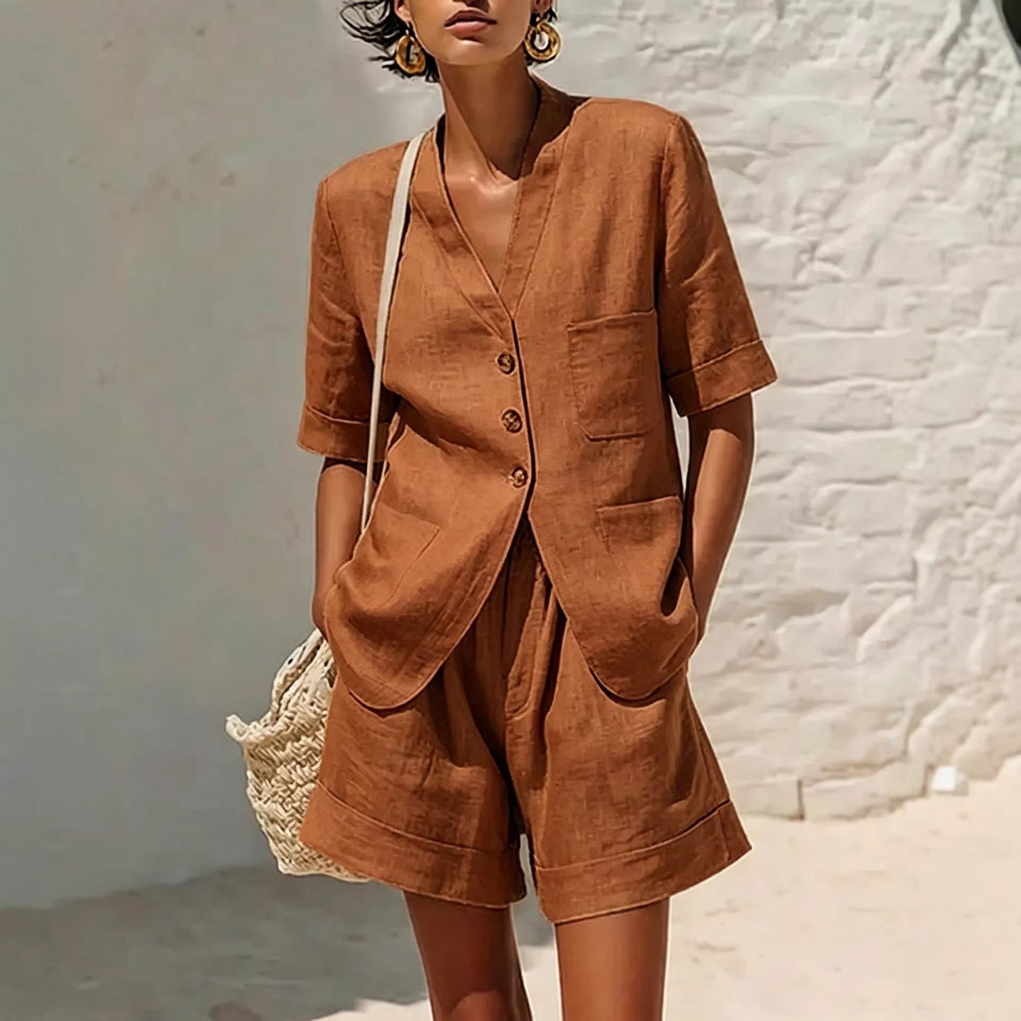 Women's Cotton-Linen Loose-Fit T-Shirt & Cropped Shorts Two-Piece Set FitiqueFit