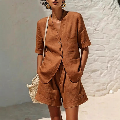 Women's Cotton-Linen Loose-Fit T-Shirt & Cropped Shorts Two-Piece Set FitiqueFit