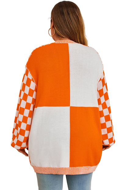 Orange Plus Size Checkered Bubble Sleeve Drop Shoulder Open Cardigan Garden Naked Curves