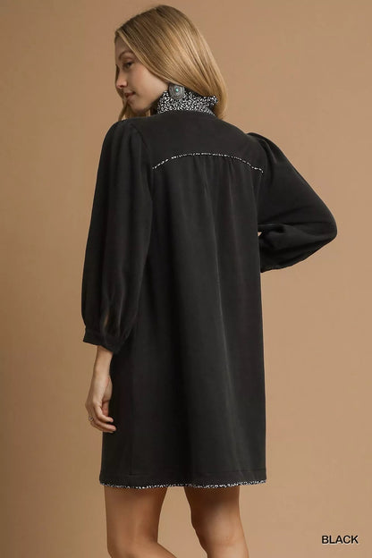 Umgee French Terry Balloon Sleeve Shift Dress with Leopard Print Detail West2East Surf