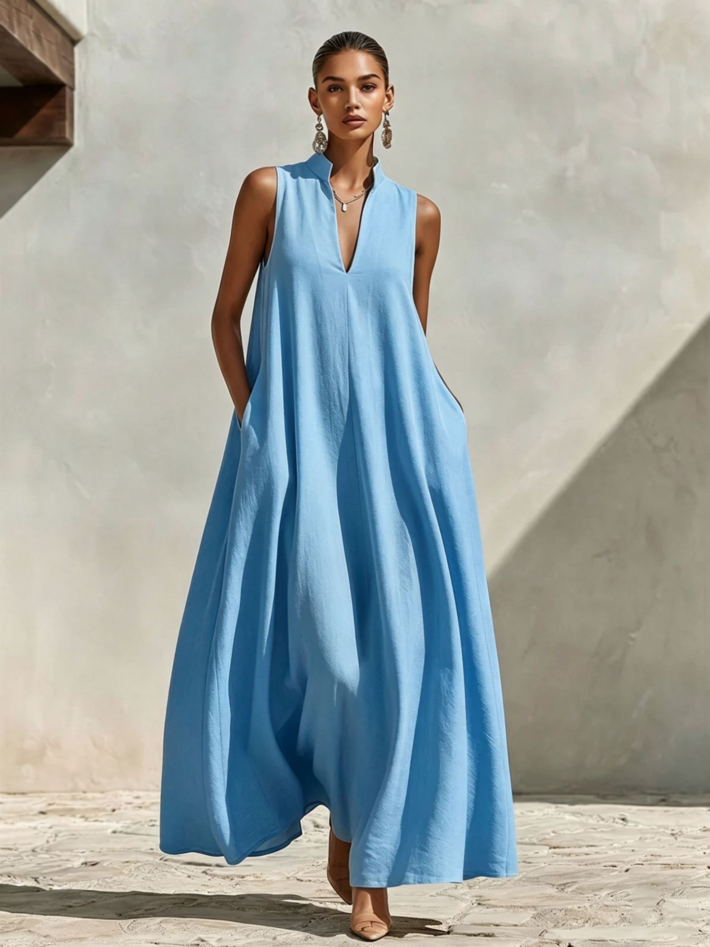 Linen Blend Sleeveless Stand-Collar Maxi Dress – 5 Colors S–3XL FitiqueFit