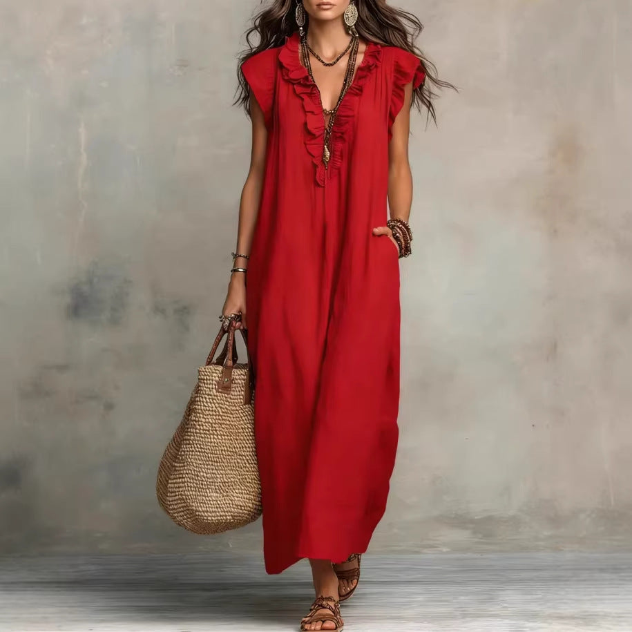 Women's Sleeveless Ruffle Pocket Maxi Dress FitiqueFit