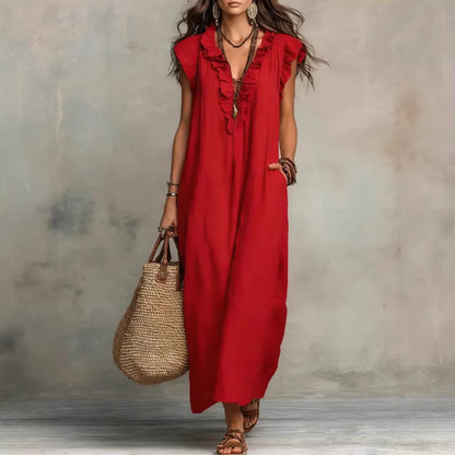 Women's Sleeveless Ruffle Pocket Maxi Dress FitiqueFit