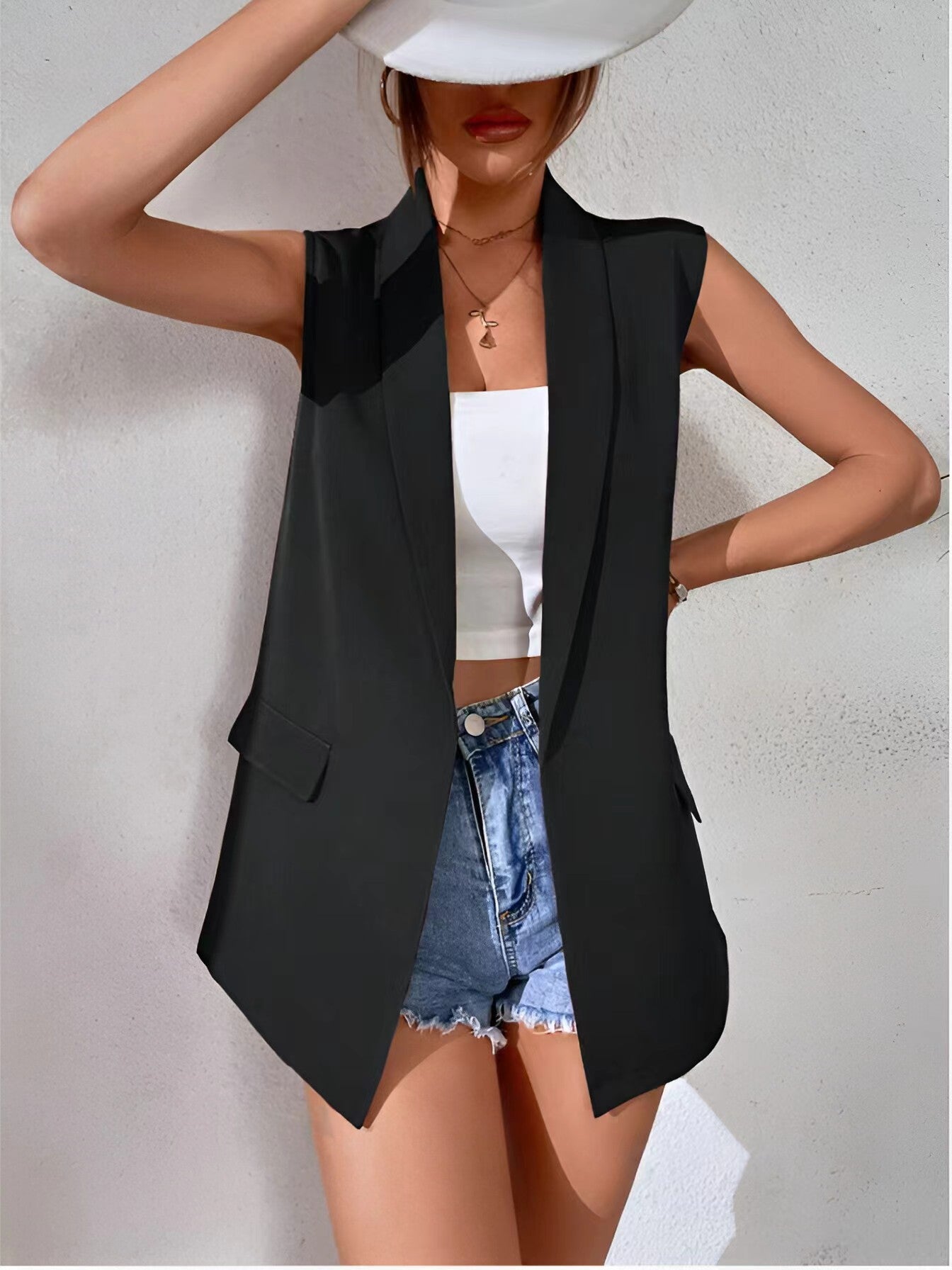 Women’s Mid-Length Suit Vest – Sleeveless Office Blazer FitiqueFit