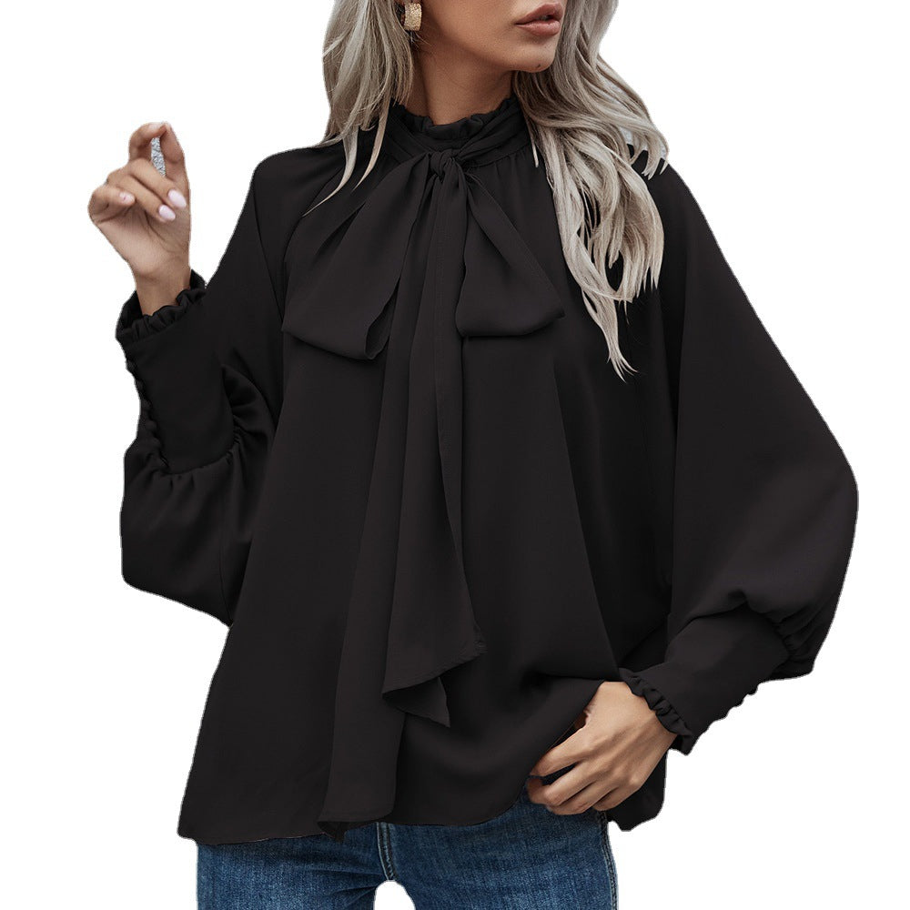 Ins Long-sleeved Blouse Bowknot Puff Sleeves Fashion Commuter Office Tops Women's Clothing See size chart under “more details” The Fashion Celestial