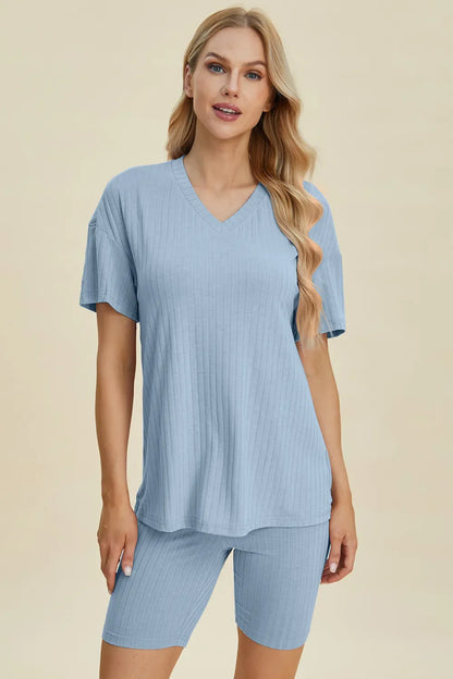 Basic Bae Full Size Ribbed V-Neck Short Sleeve Top and Shorts Set New Era Fashion LLc