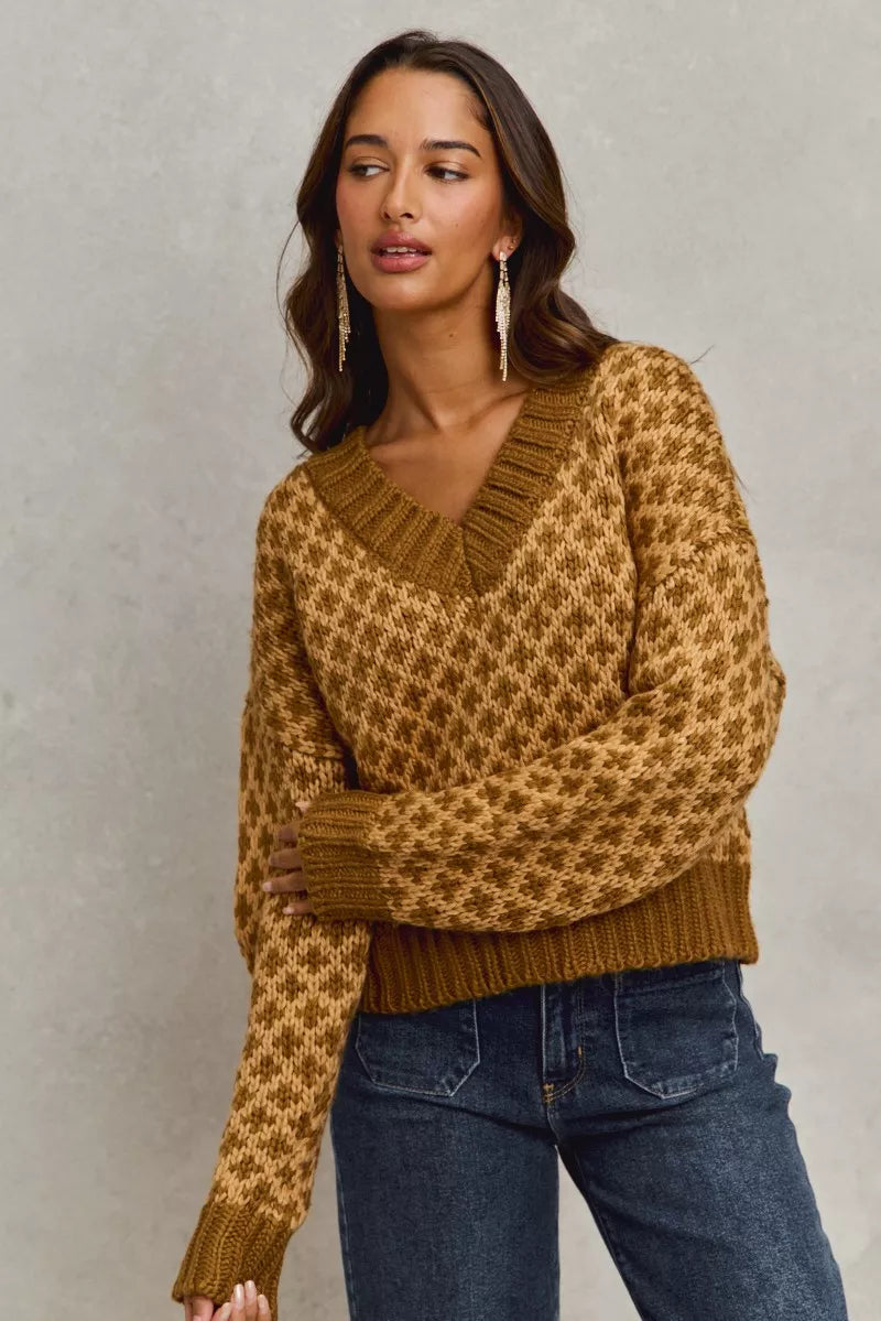 SO ME Color Block Textured Christmas Sweater V Neck Top West2East Surf