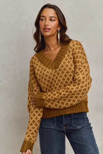 SO ME Color Block Textured Christmas Sweater V Neck Top West2East Surf