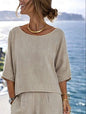 Women's Cotton Linen Resort Set – Short Sleeve Top & Wide-Leg Pants FitiqueFit