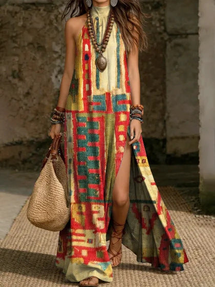 Women's Printed Halterneck Split Maxi Dress – Loose Fit Sleeveless FitiqueFit