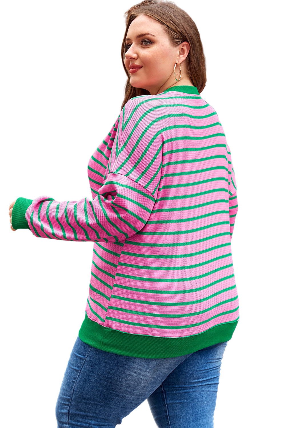 Pink Stripe Waffle Knit Crew Neck Plus Size Sweatshirt Garden Naked Curves