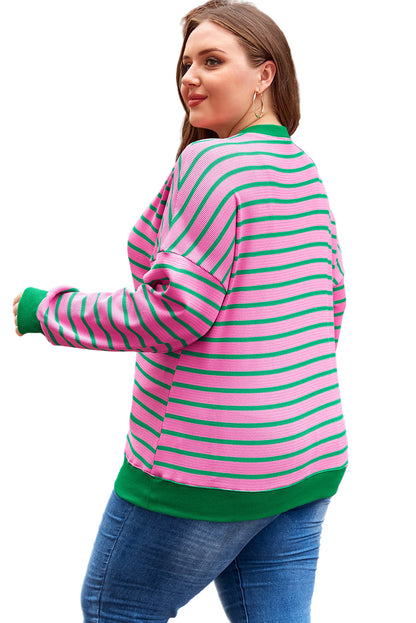 Pink Stripe Waffle Knit Crew Neck Plus Size Sweatshirt Garden Naked Curves