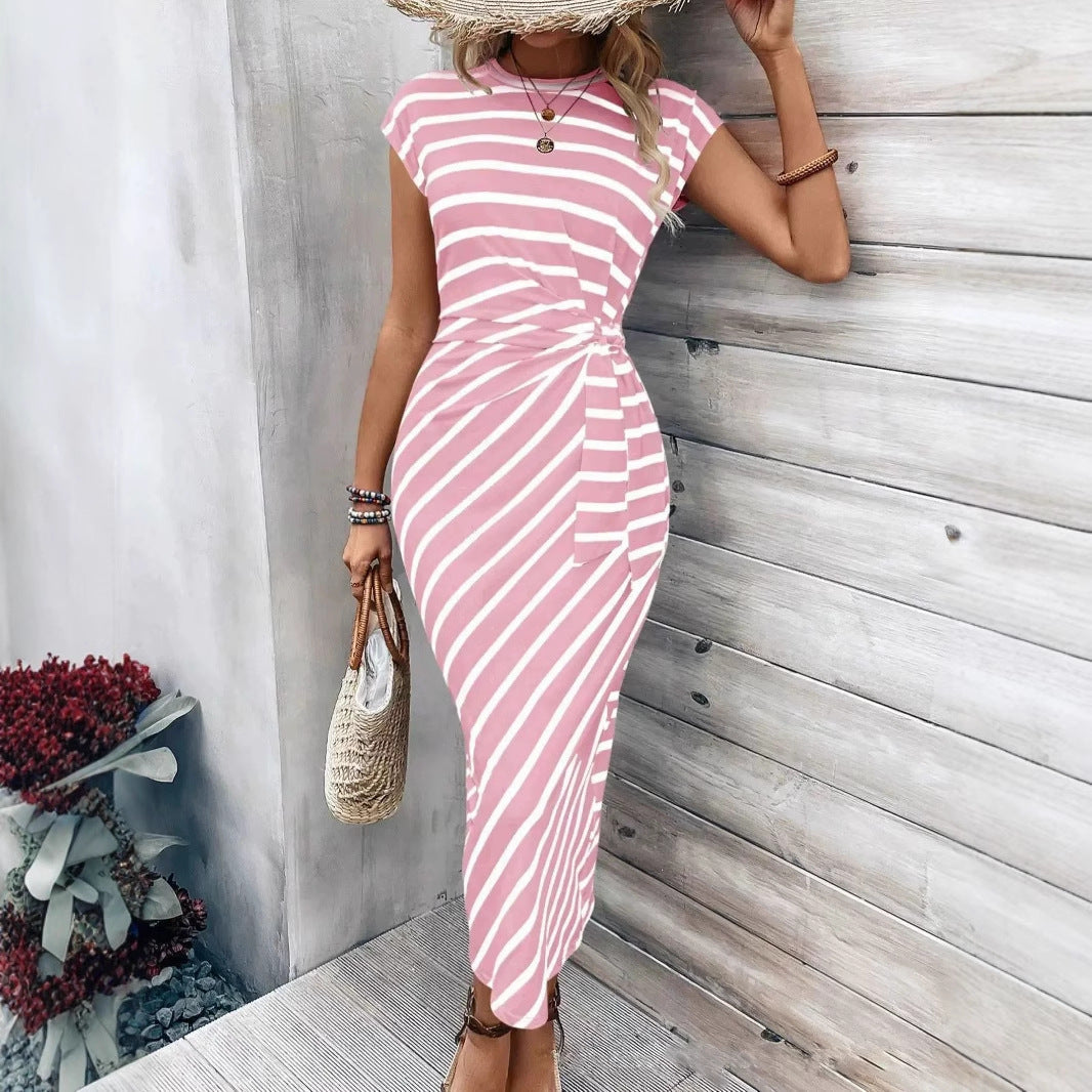 Elegant Waist Strap Striped Round Neck Short Sleeve And Long Pattern Dress Grayceful LLC