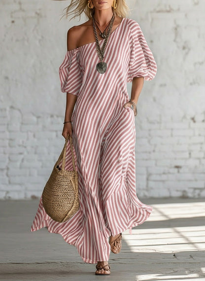 Women's Striped Off-Shoulder Elegant Midi Dress FitiqueFit