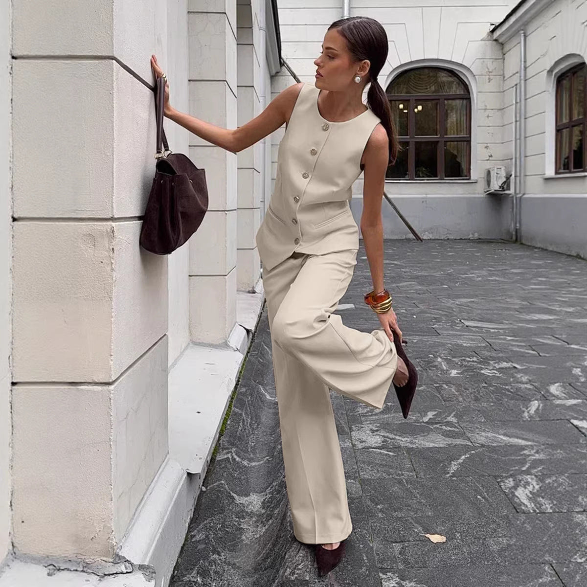 Women's Elegant Sleeveless Vest & Wide-Leg Pants Set – Office 2-Piece FitiqueFit