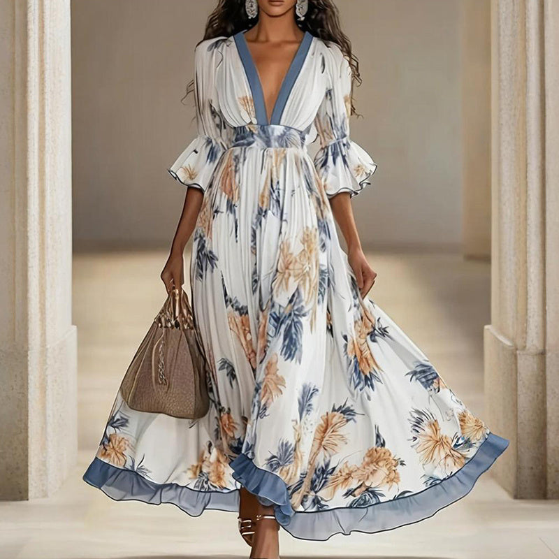 Women's Floral Print Maxi Dress With Deep V-Neck & Flare Sleeves FitiqueFit